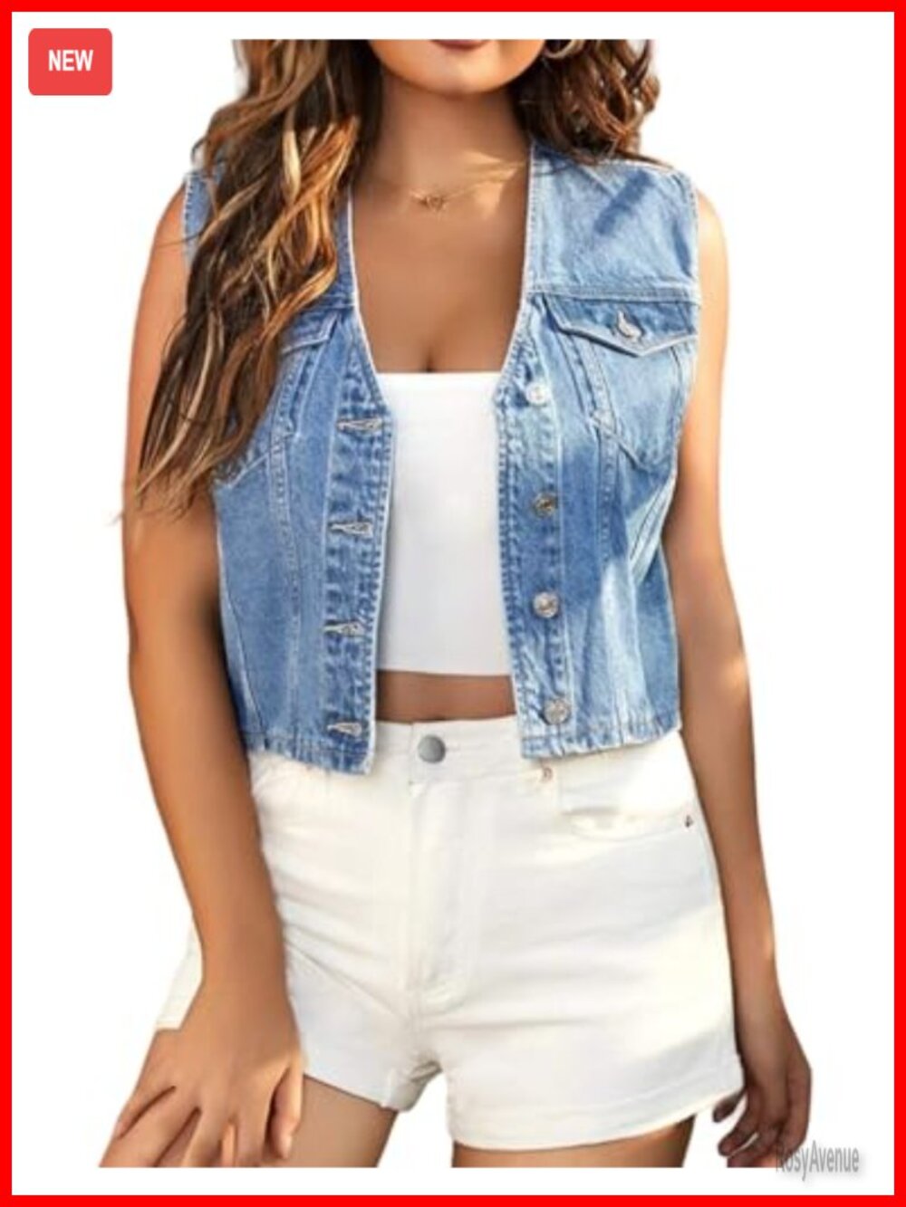Women's Cropped Denim Vest V-Neck Button Sleeveless Jean Waistcoat Casual